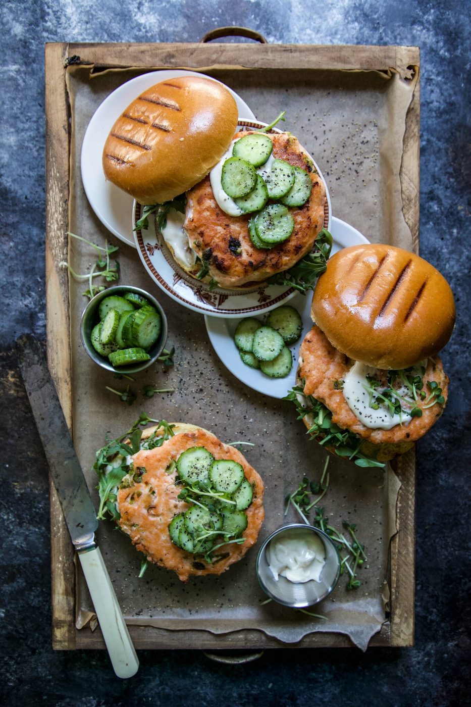 Simple Ginger Salmon Burgers with Pickled Cucumbers