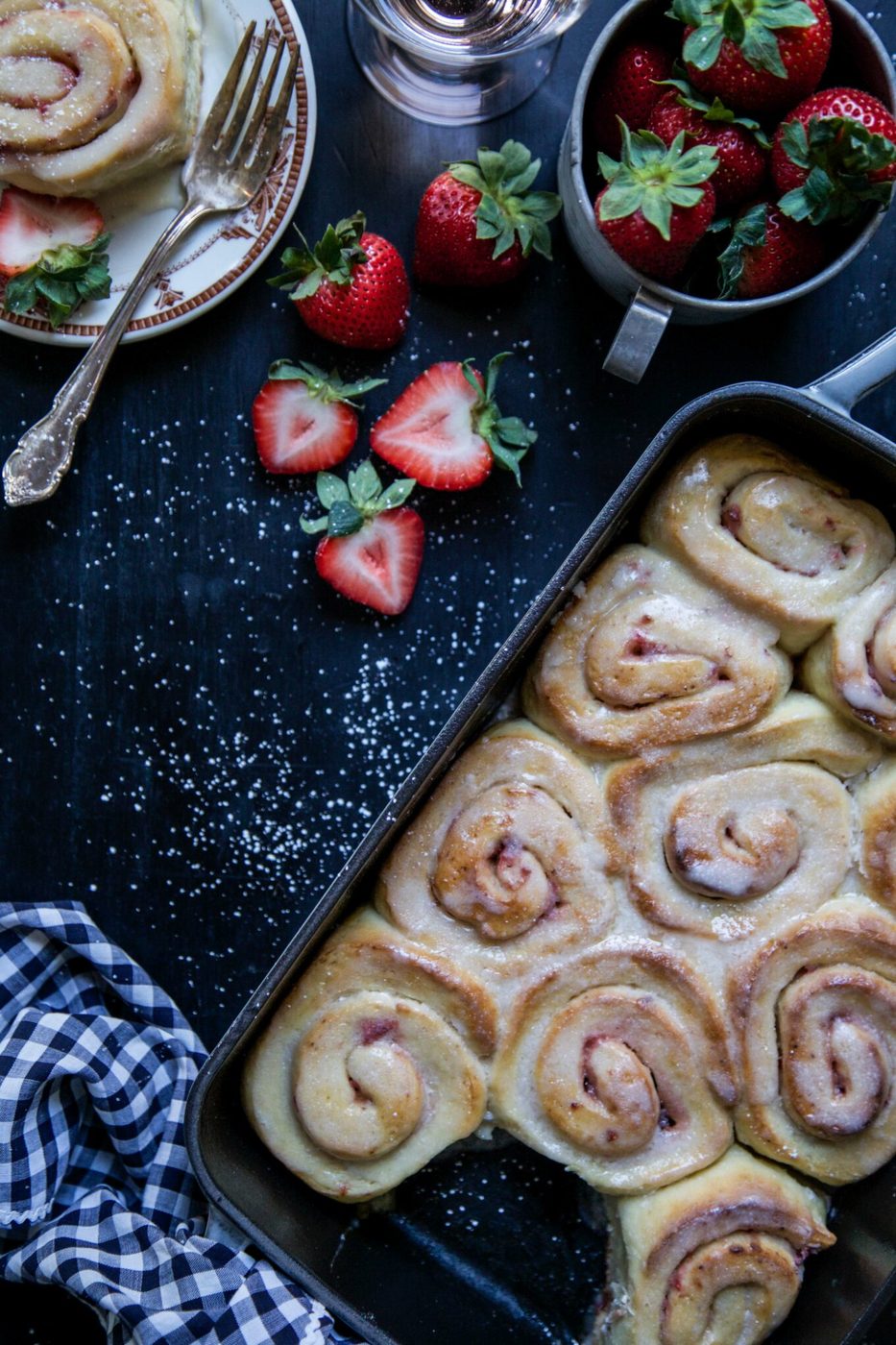 Simple Strawberry Cinnamon Rolls, finished with Rosé Icing
