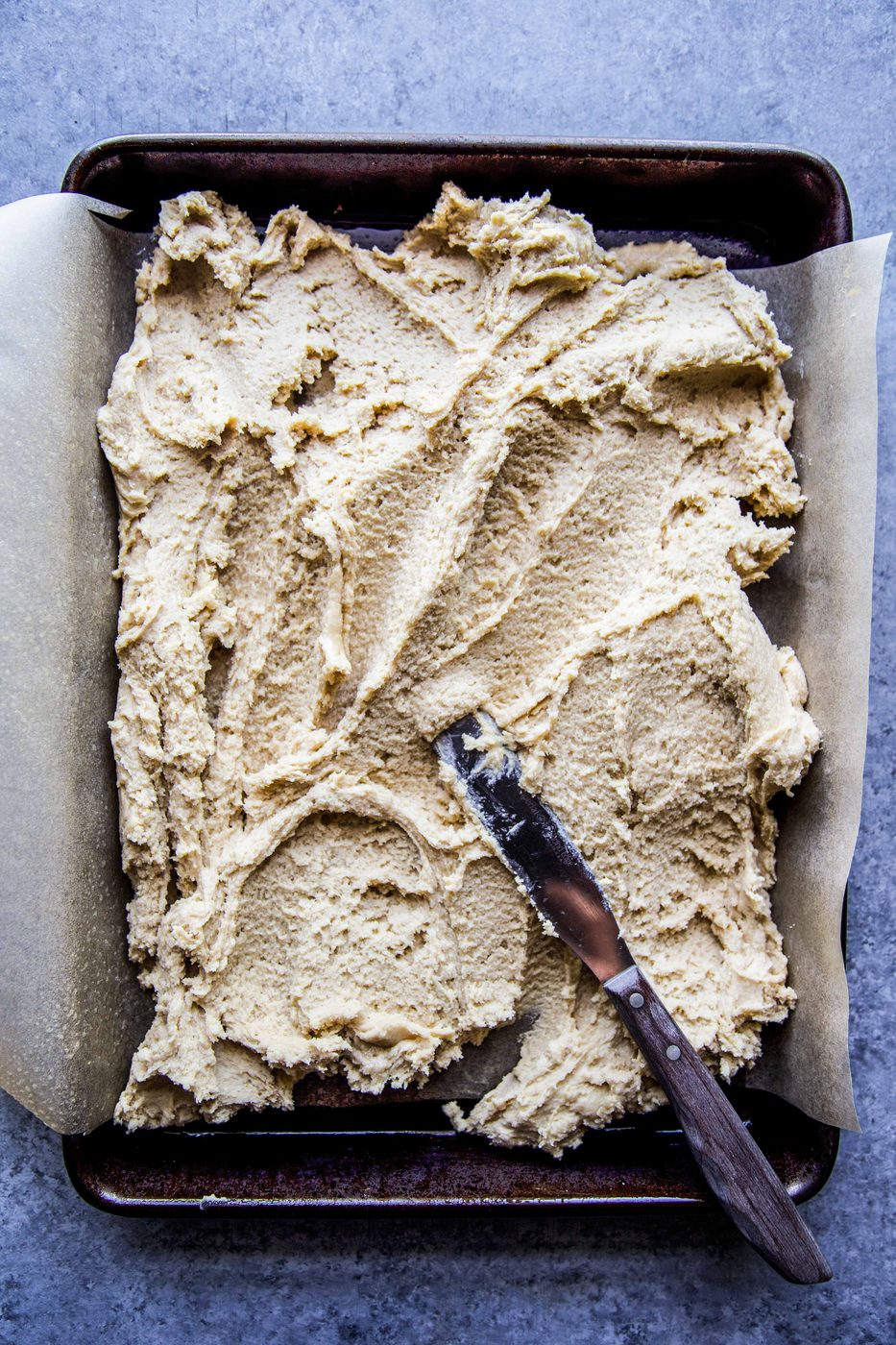 peanut butter batter in a pan