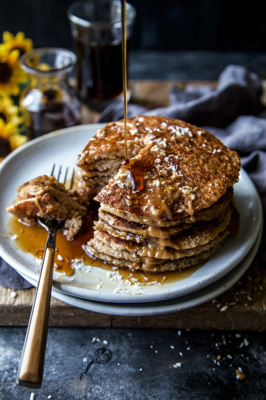 Peanut Butter Maple Syrup on banana Coconut Blender Pancakes