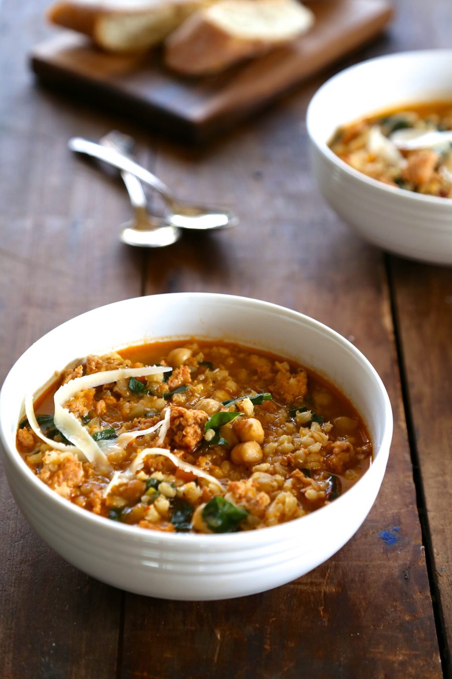 Foodie fridays: barley soup, finished with turkey sausage, rainbow chard & parmesan cheese