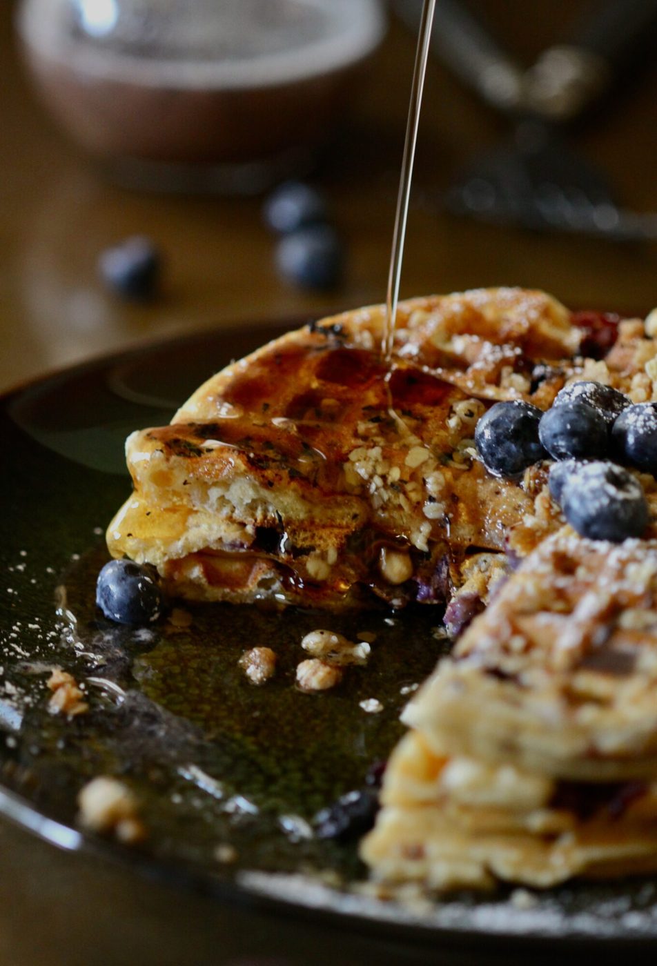 Foodie fridays: blueberry waffles, finished with brown sugar streusel and blueberry syrup