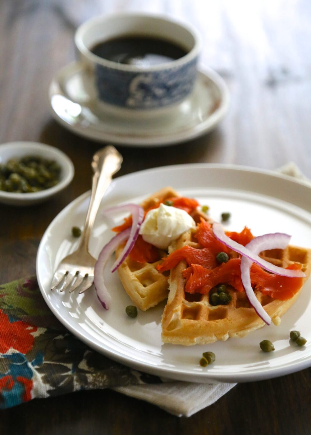 buttermilk waffles and lox with capers & creme fraiche www.climbinggriermountain.com