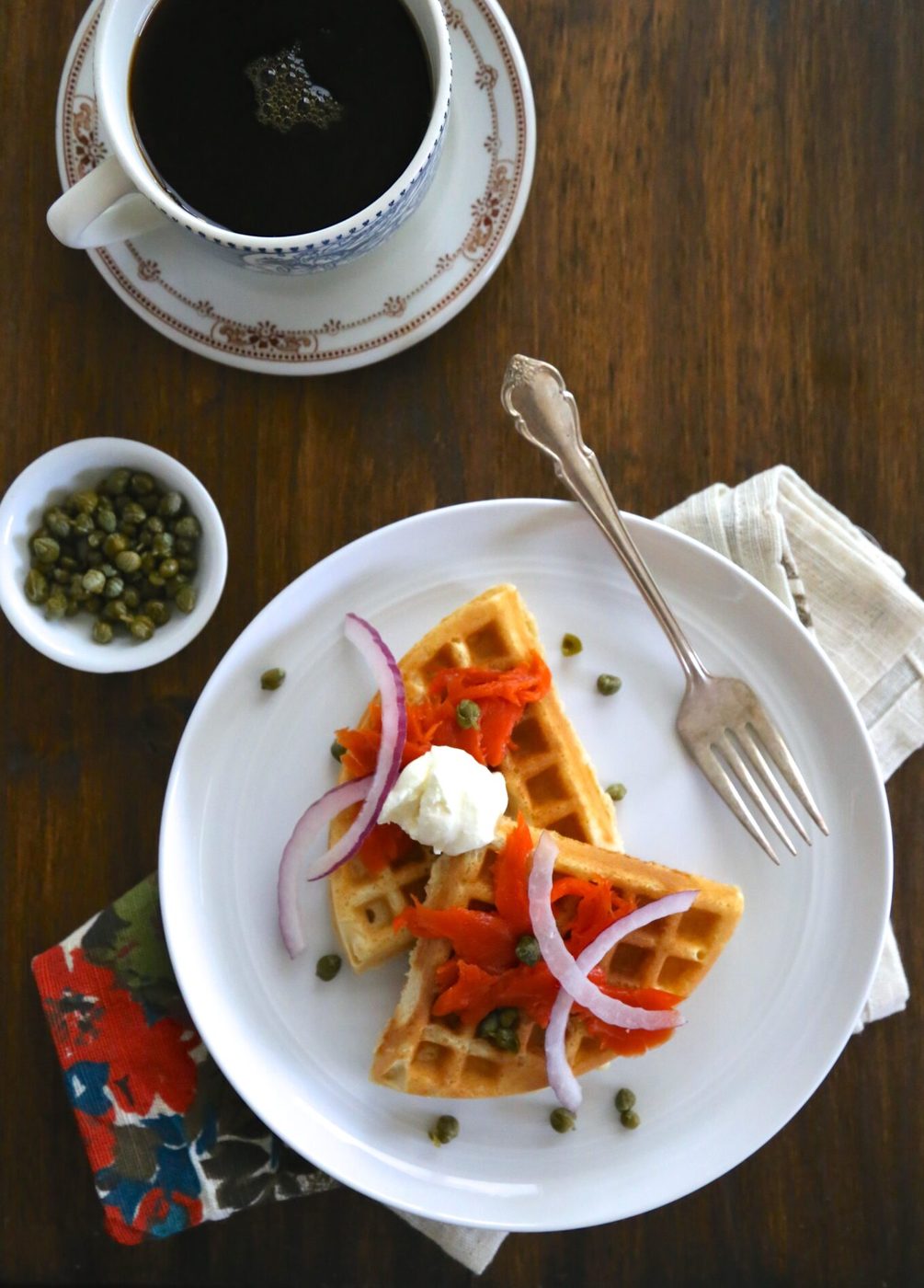 Foodie fridays: buttermilk waffles and lox, finished with capers & creme fraiche