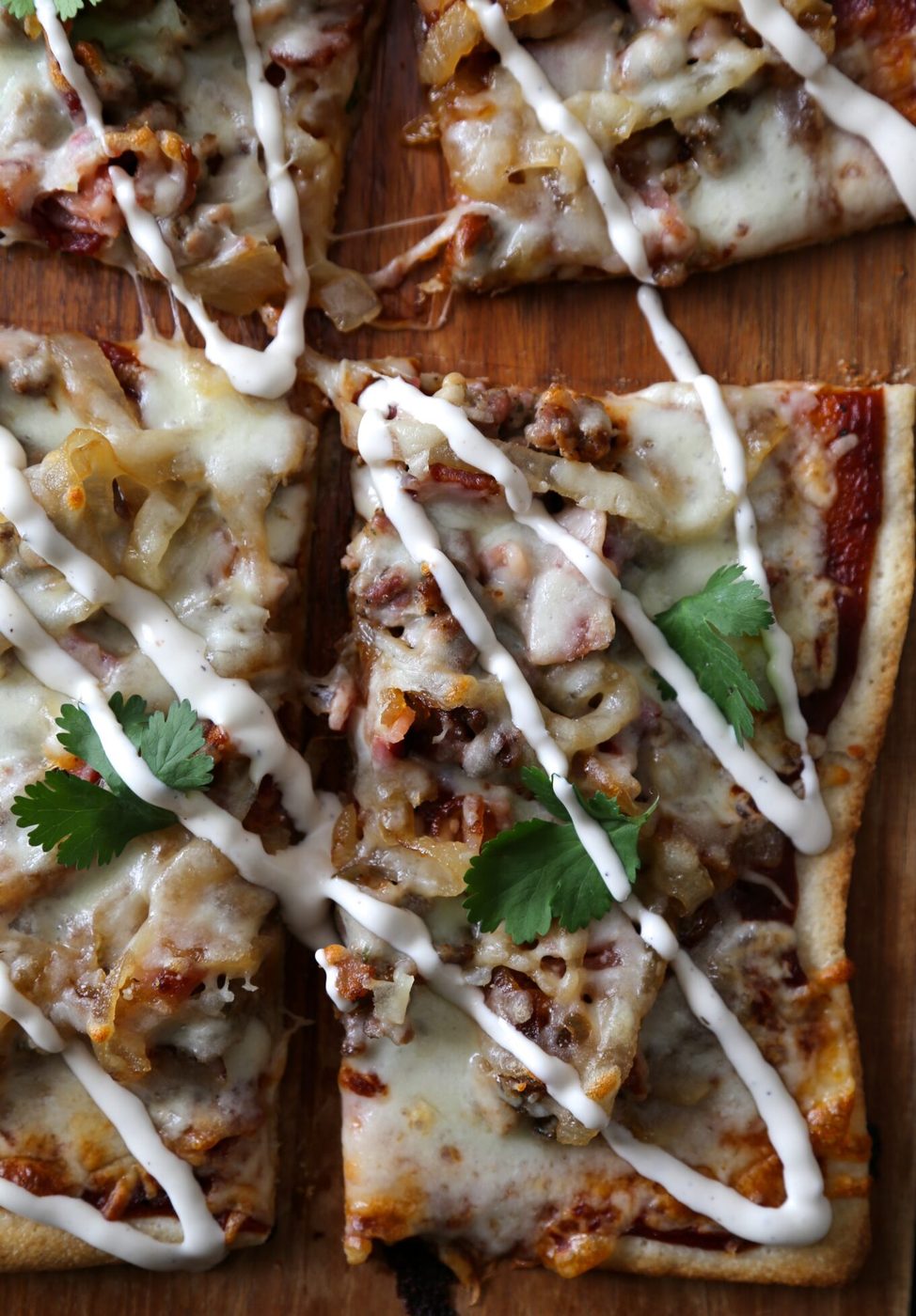 Ranch dressing on foodie fridays: caramelized onion, sausage, and barbecue pizza