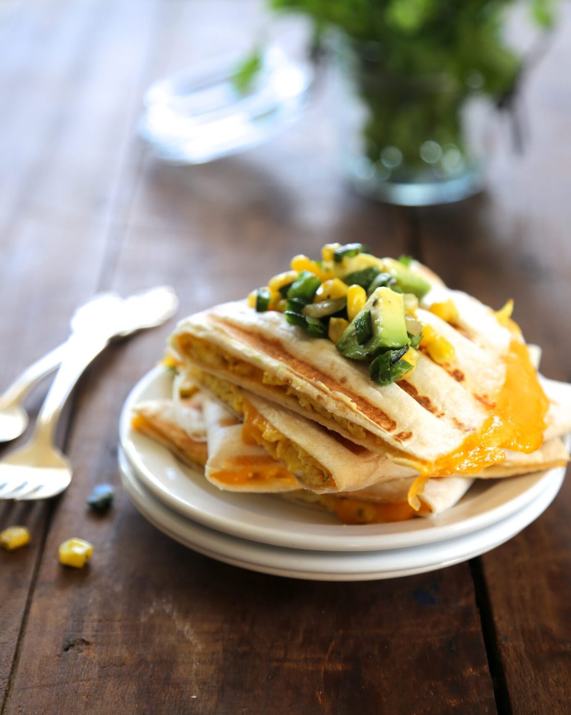 Foodie fridays: cheesy egg quesadilla, finished with poblano corn relish