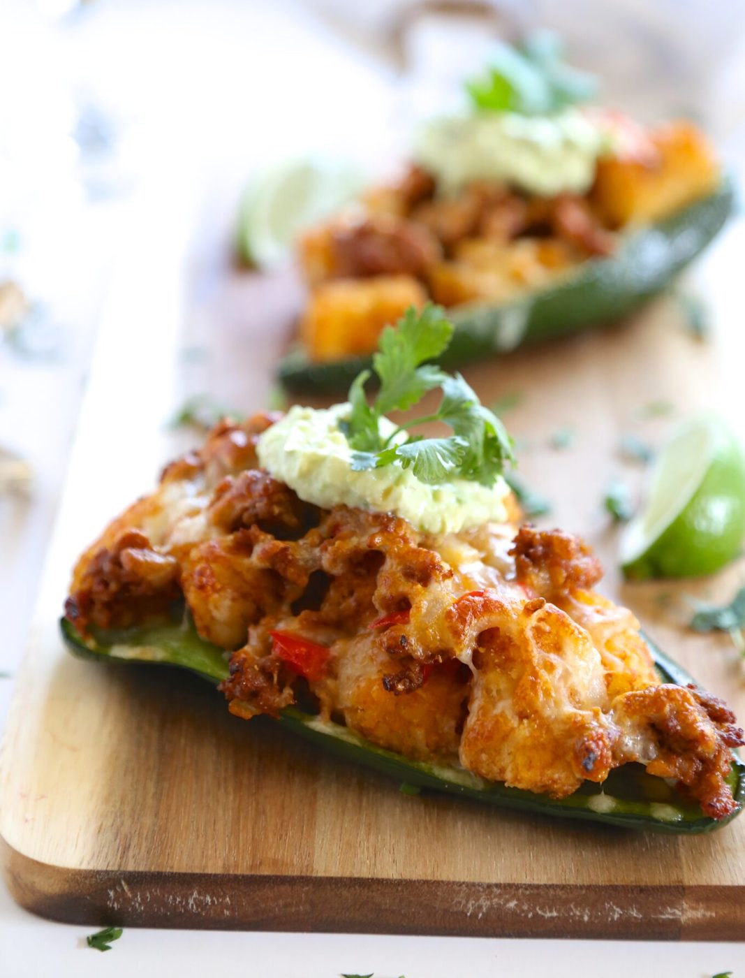 Chipotle cream on foodie fridays: chorizo and tater tot stuffed poblanos