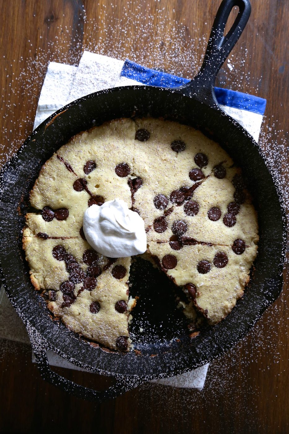 Foodie fridays: dark chocolate chip pancake skillet, finished with kahula whipped cream