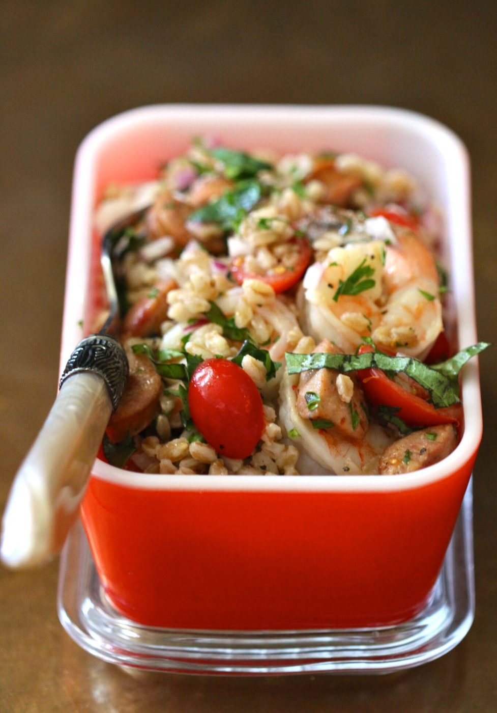 Chicken andouille and grilled shrimp on foodie fridays: farro salad