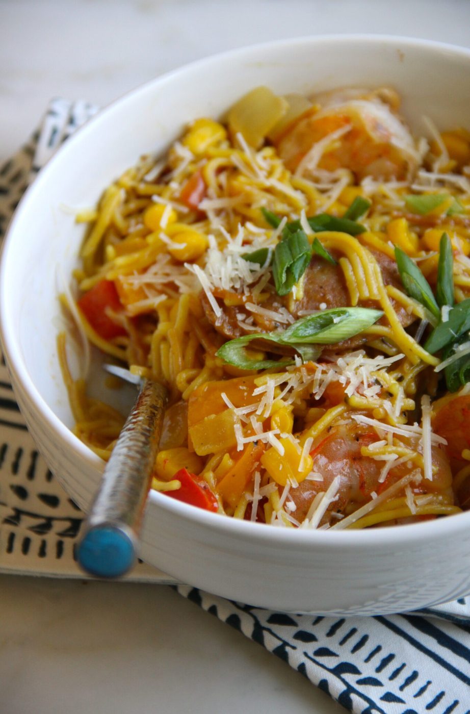 Chicken sausage, shrimp. saffron, and peppers on foodie fridays: fideous