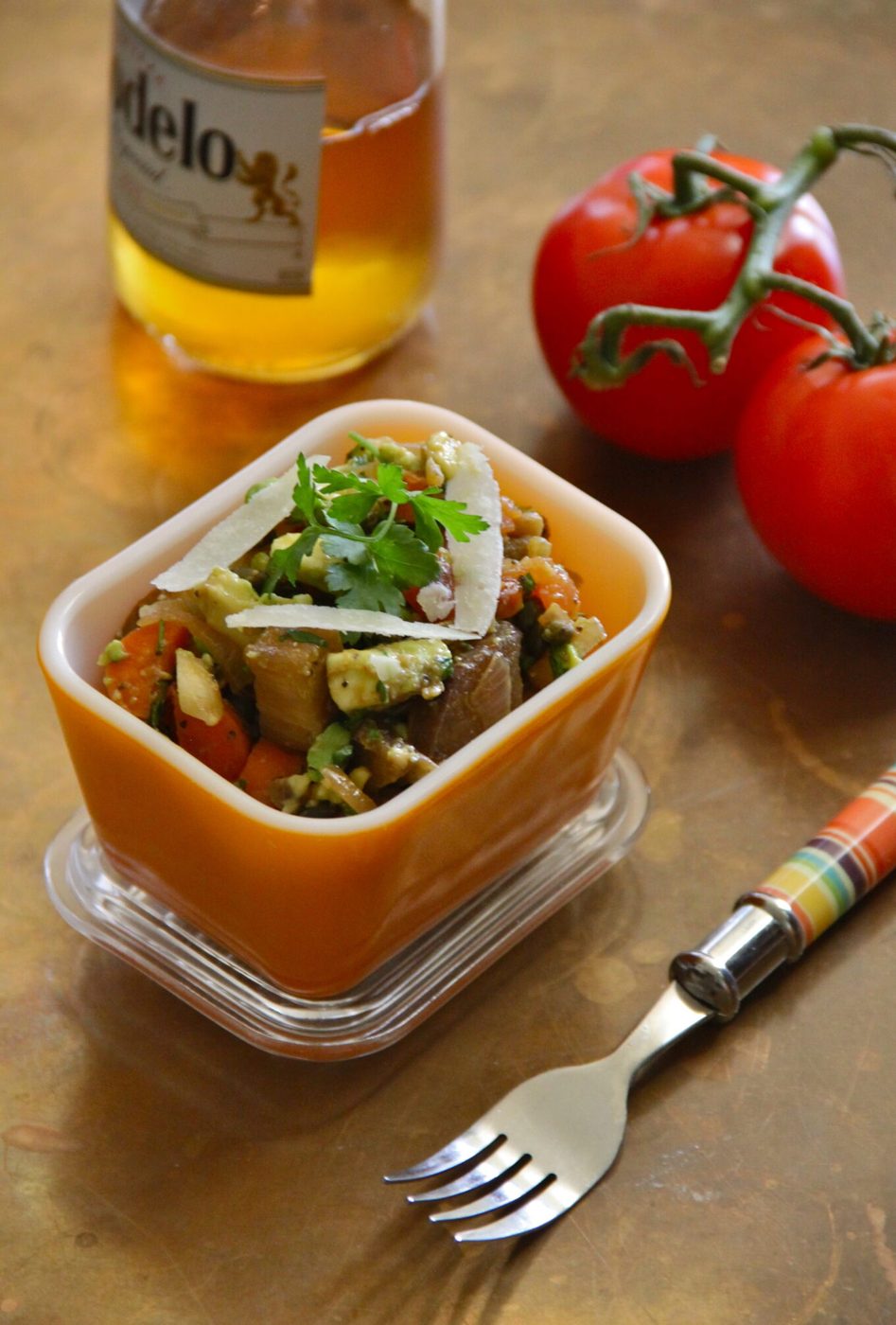 Foodie fridays: grilled veggie caponata, finished with parmesan shavings