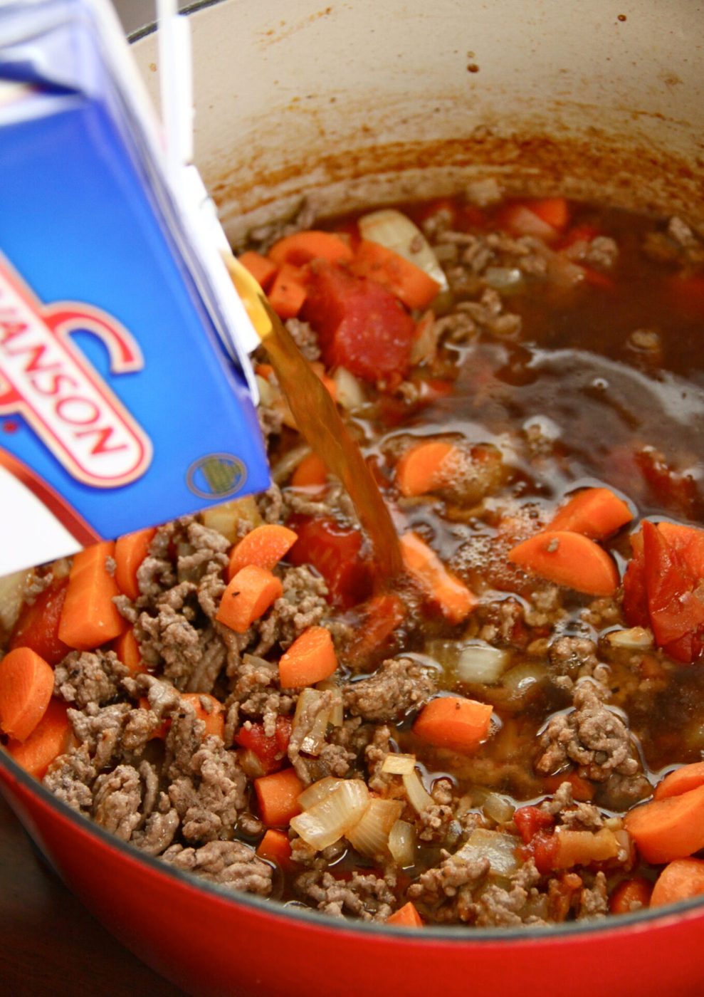hamburger soup with rainbow chard and cheddar cheese