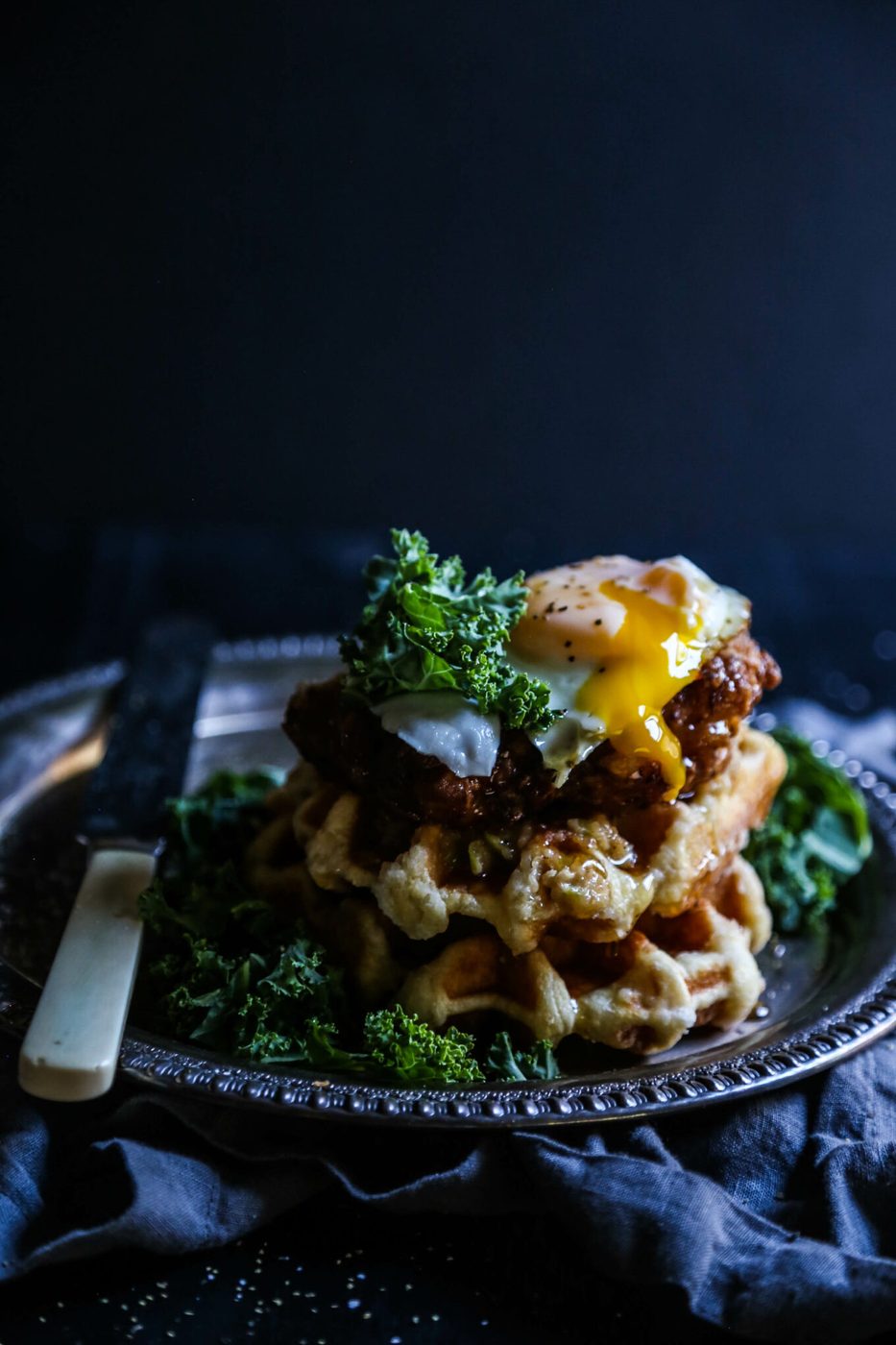 Apple Butter & Kale Slaw on fried Chicken and Waffles