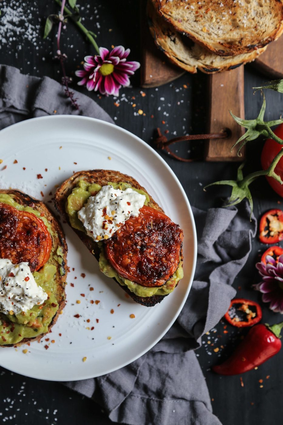 Simple Guacamole Toast, finished with Thai Roasted Tomatoes