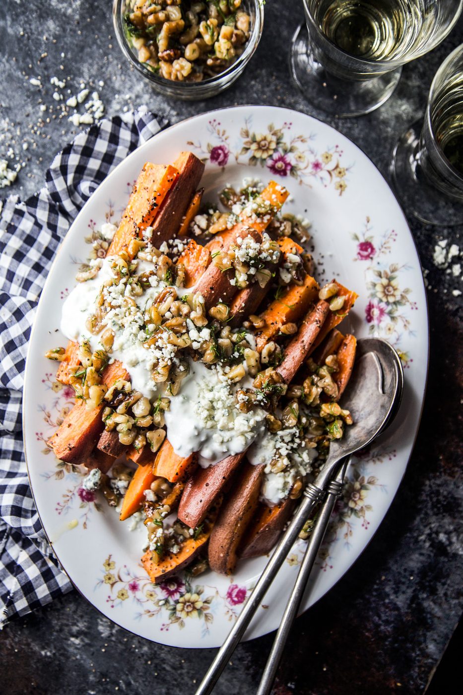 Blue Cheese & Pickled Walnut Salsa on ginger Roasted Sweet Potatoes