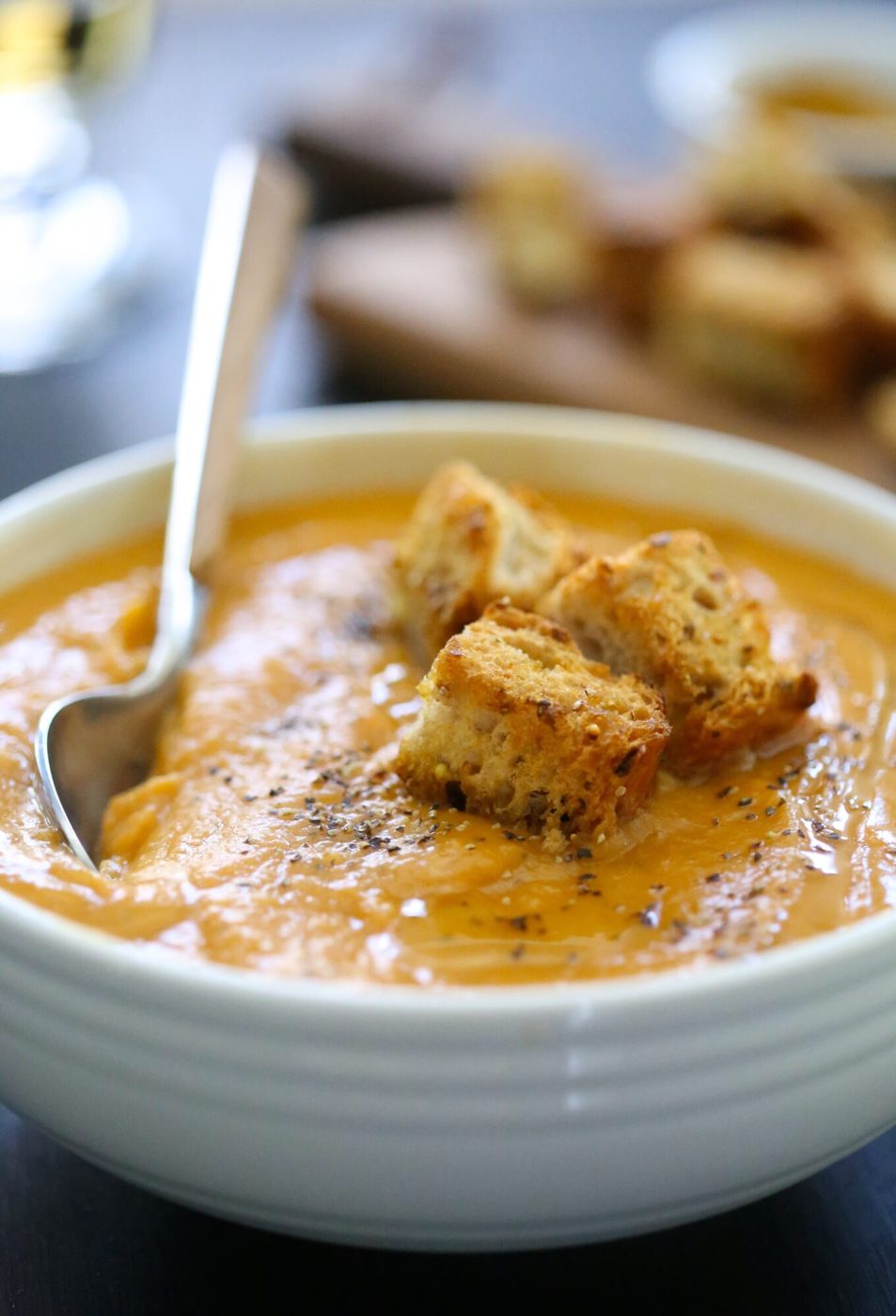 Ginger sweet potato soup, finished with toasted curry croutons