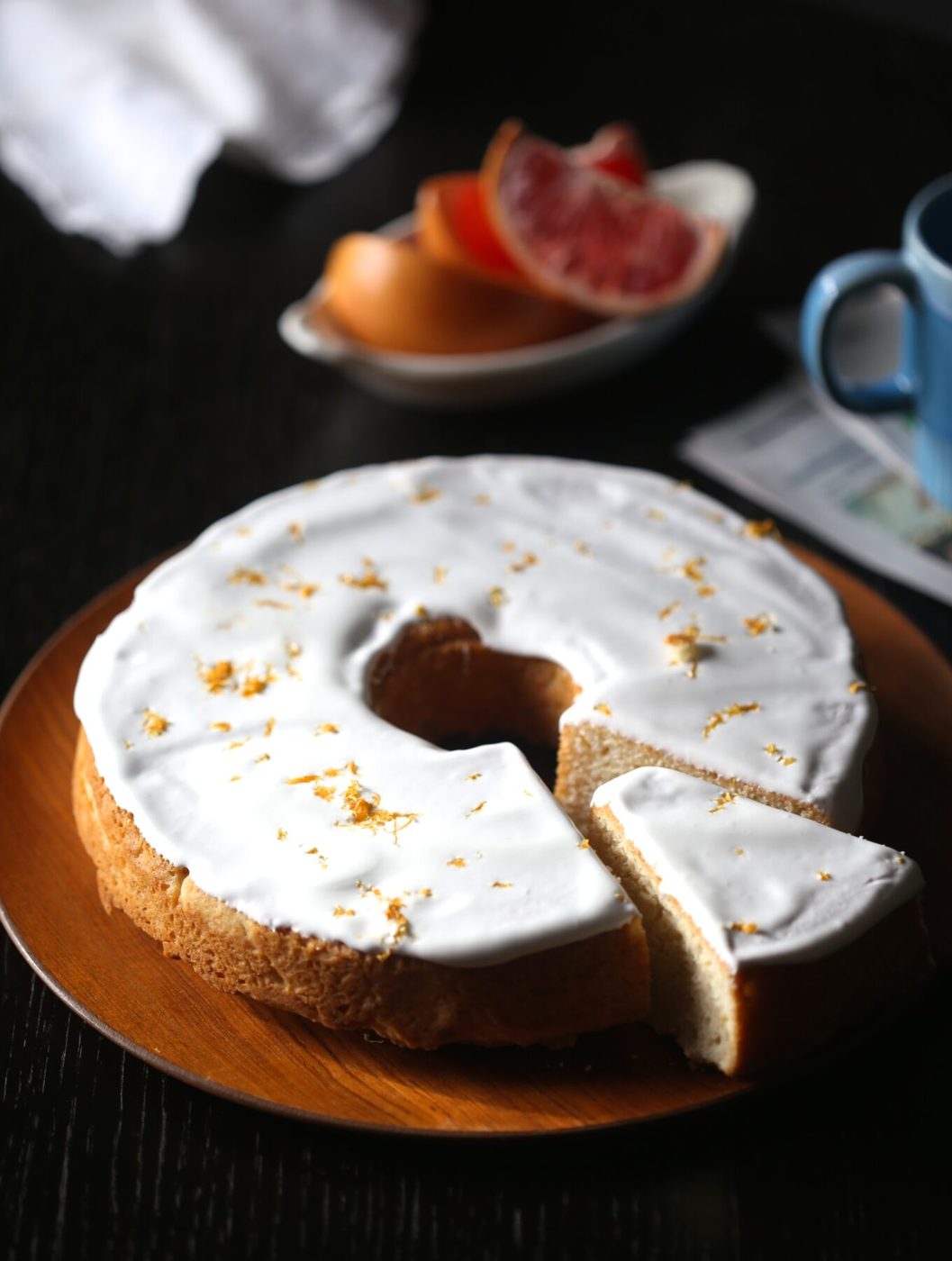 Grapefruit pound cake, finished with ginger marshmallow icing