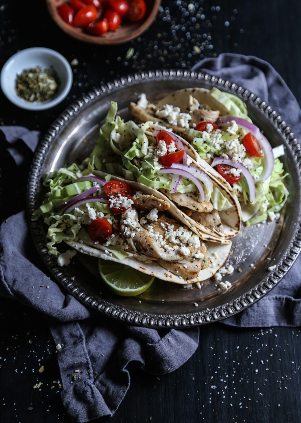 Greek Chicken Tacos, finished with Feta Citrus Slaw