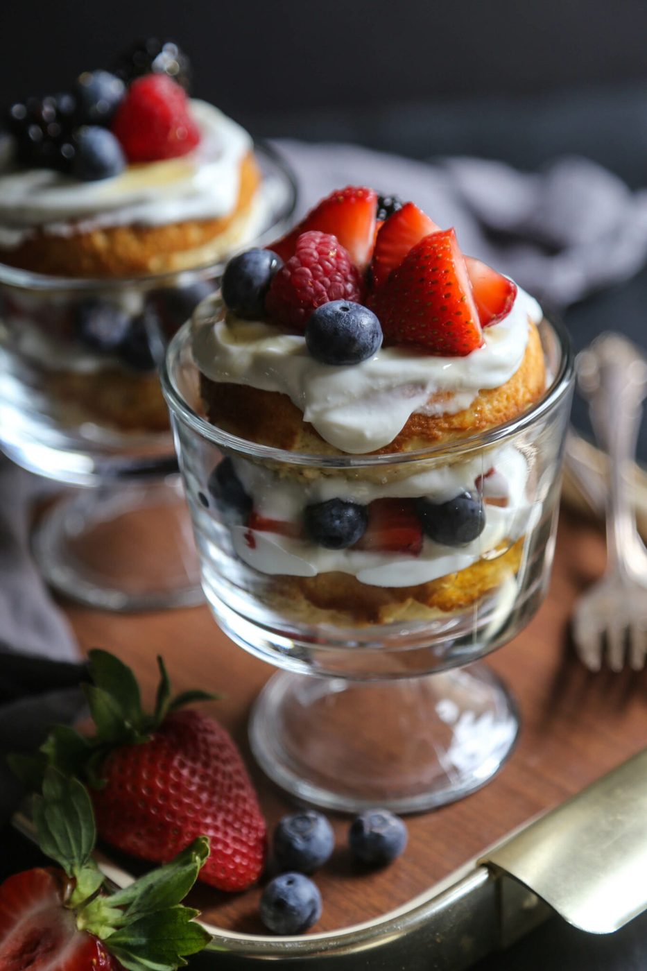 Greek yogurt baked doughnut parfaits, finished with fresh berries