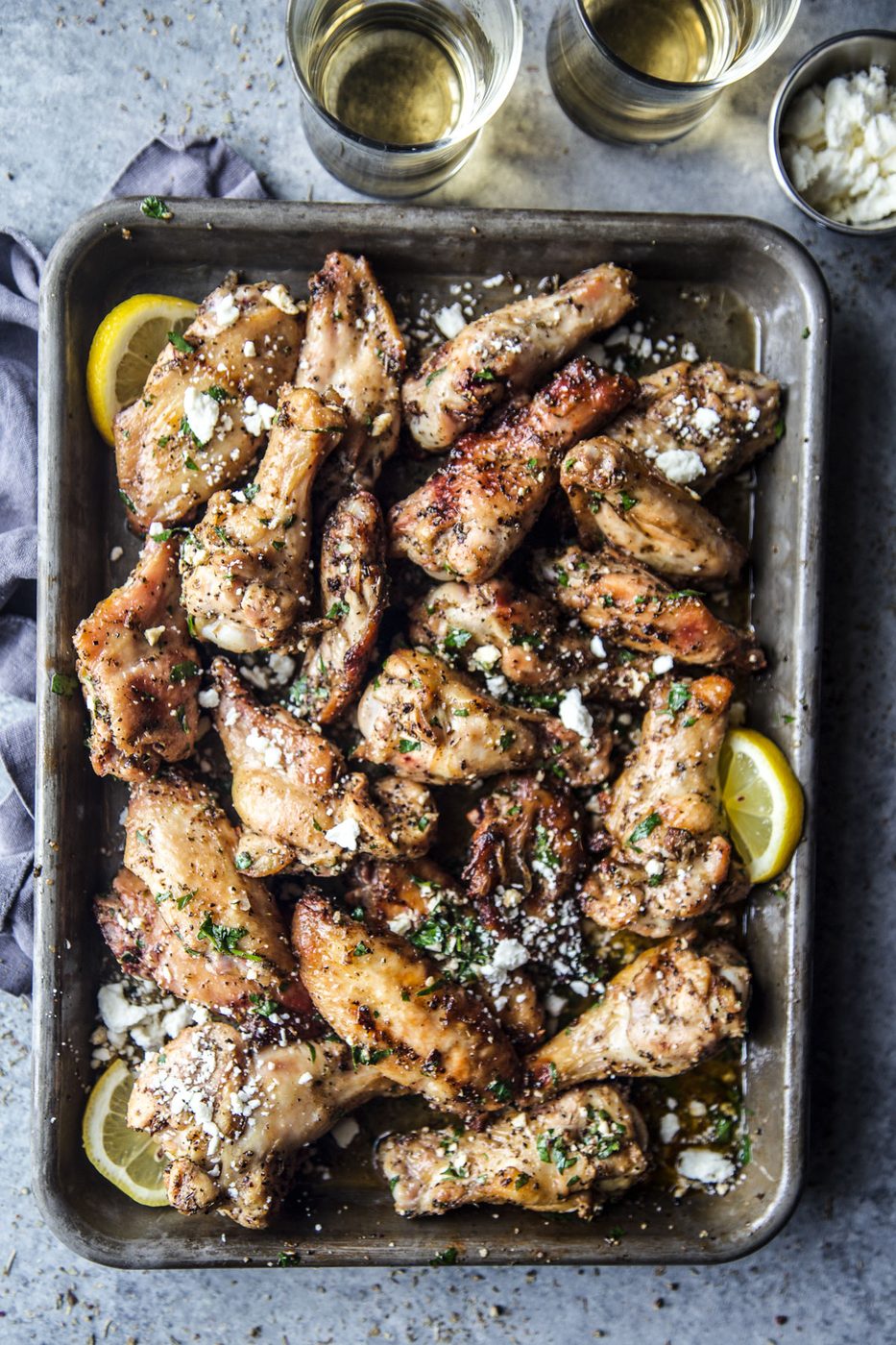 Spiced Lemon Dressing on grilled Greek Chicken Wings