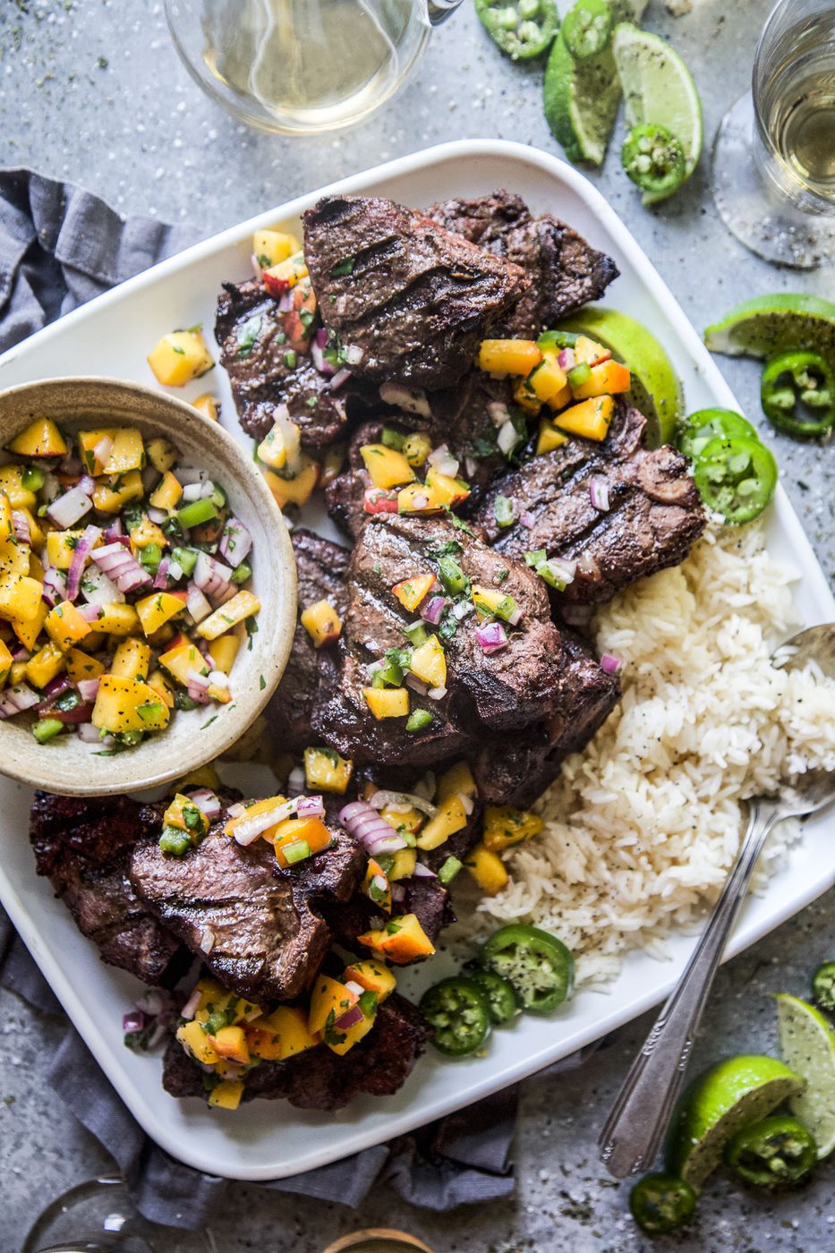 Peach Salsa on grilled Jerk American Lamb Loin Chops