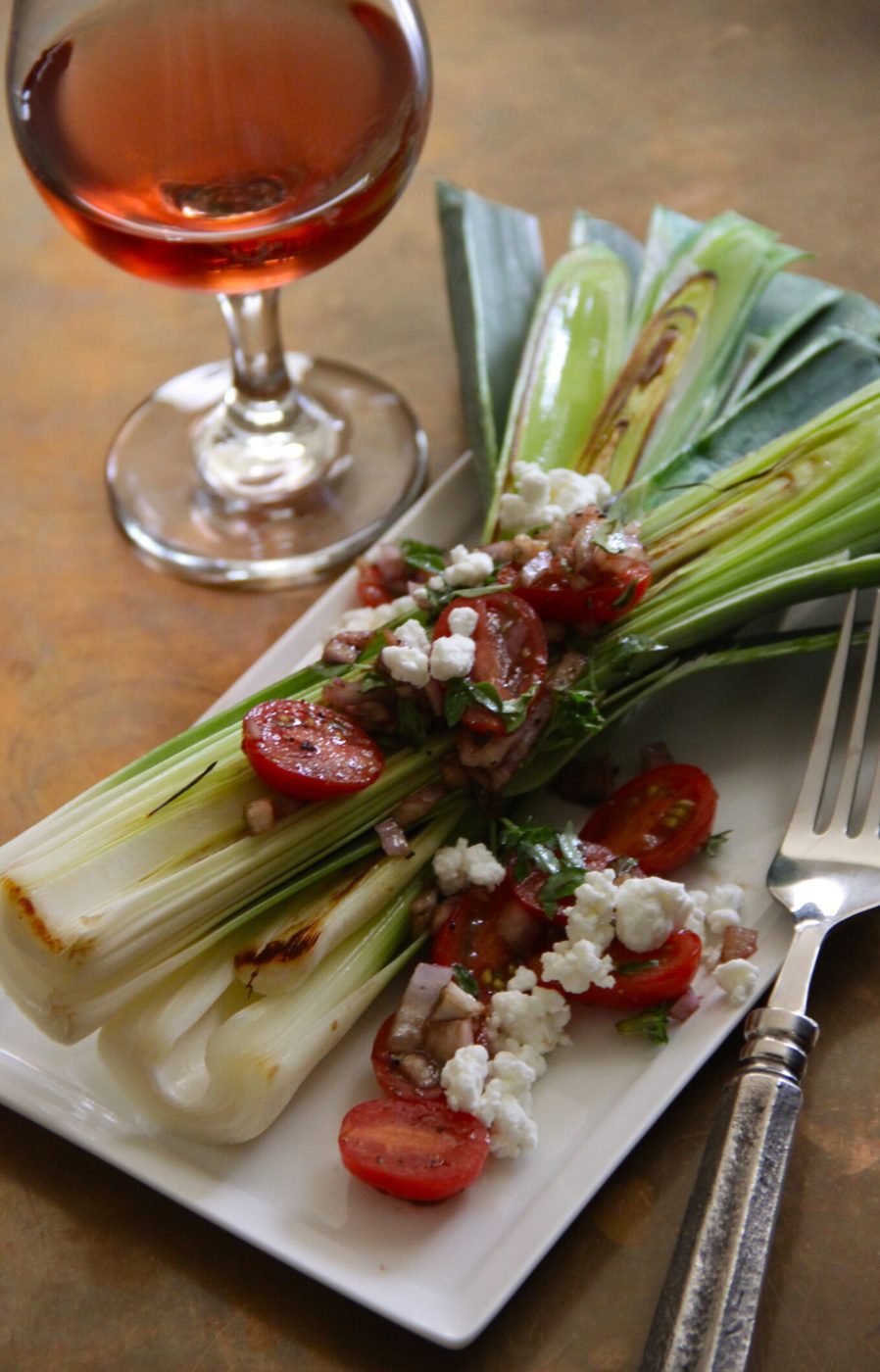 grilled leeks with garden tomatoes and fresh basil www.climbinggriermountain.com
