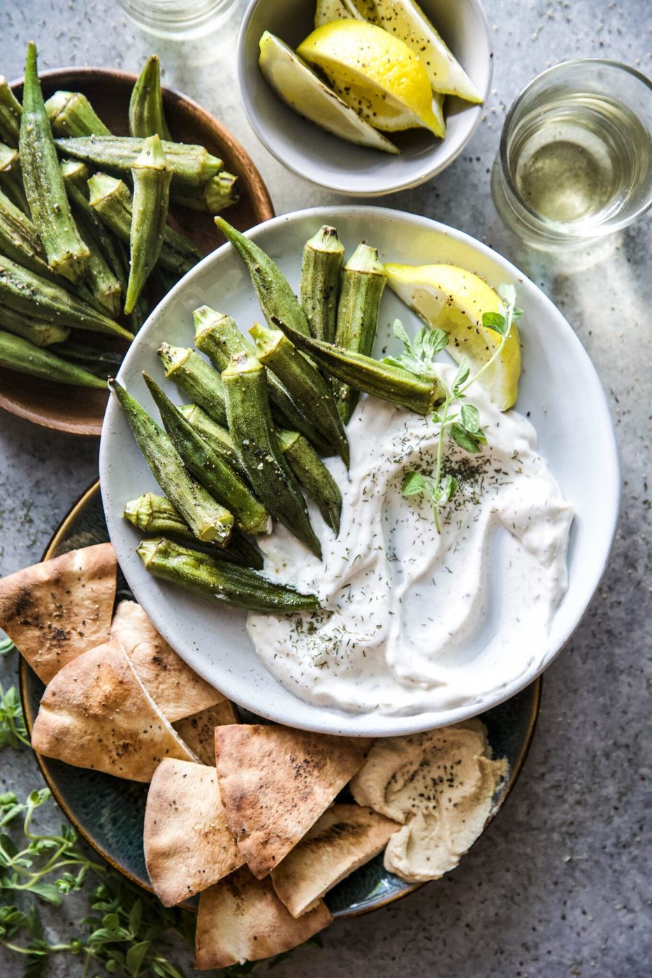 Grilled Okra, finished with Coriander-Lemon Lebneh