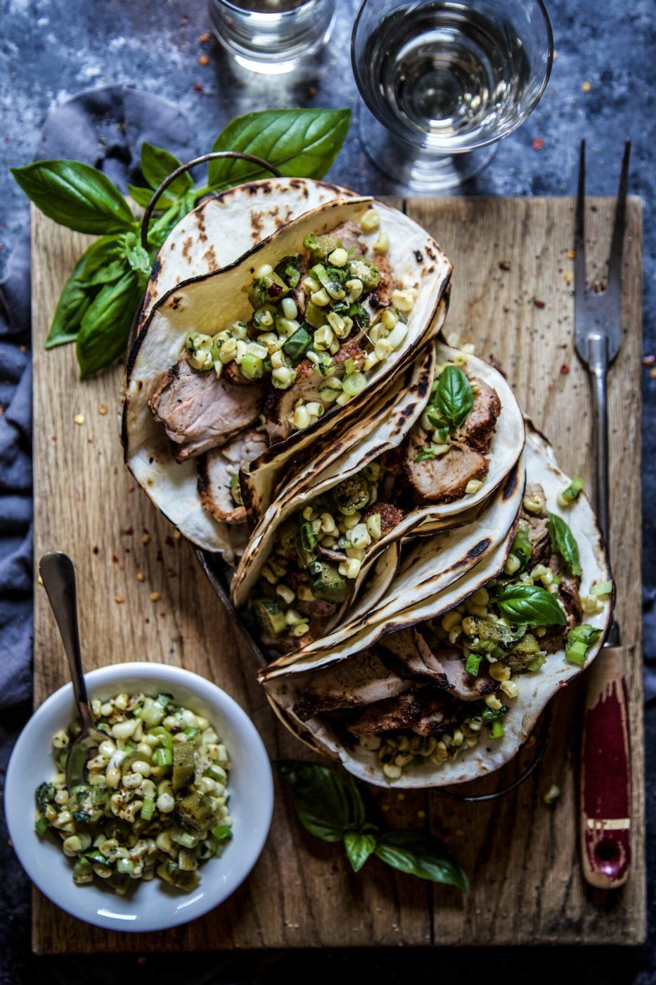 Grilled Pork Tenderloin Tacos, finished with Corn-Okra Relish