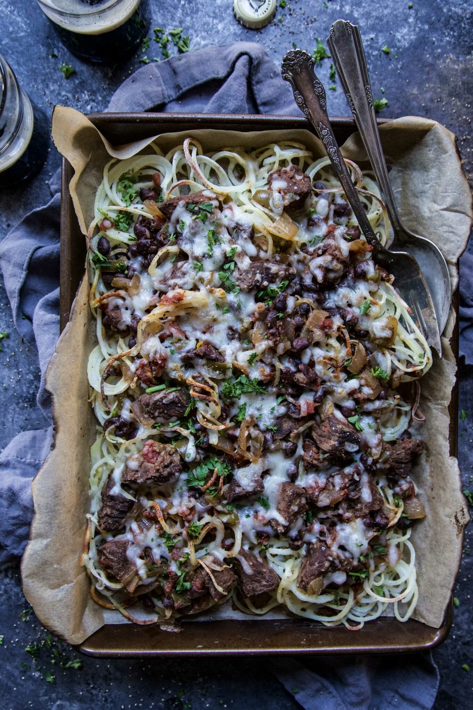 Guinness and Black Bean Chili Loaded Spiralized Fries