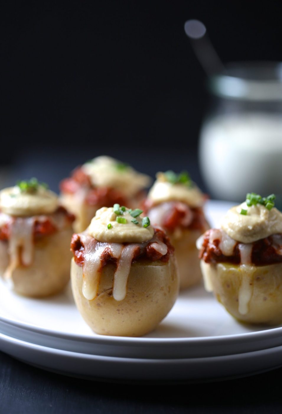 hamburger pizza stuffed mini potatoes with ranch hummus
