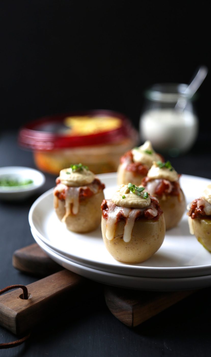 hamburger pizza stuffed mini potatoes with ranch hummus