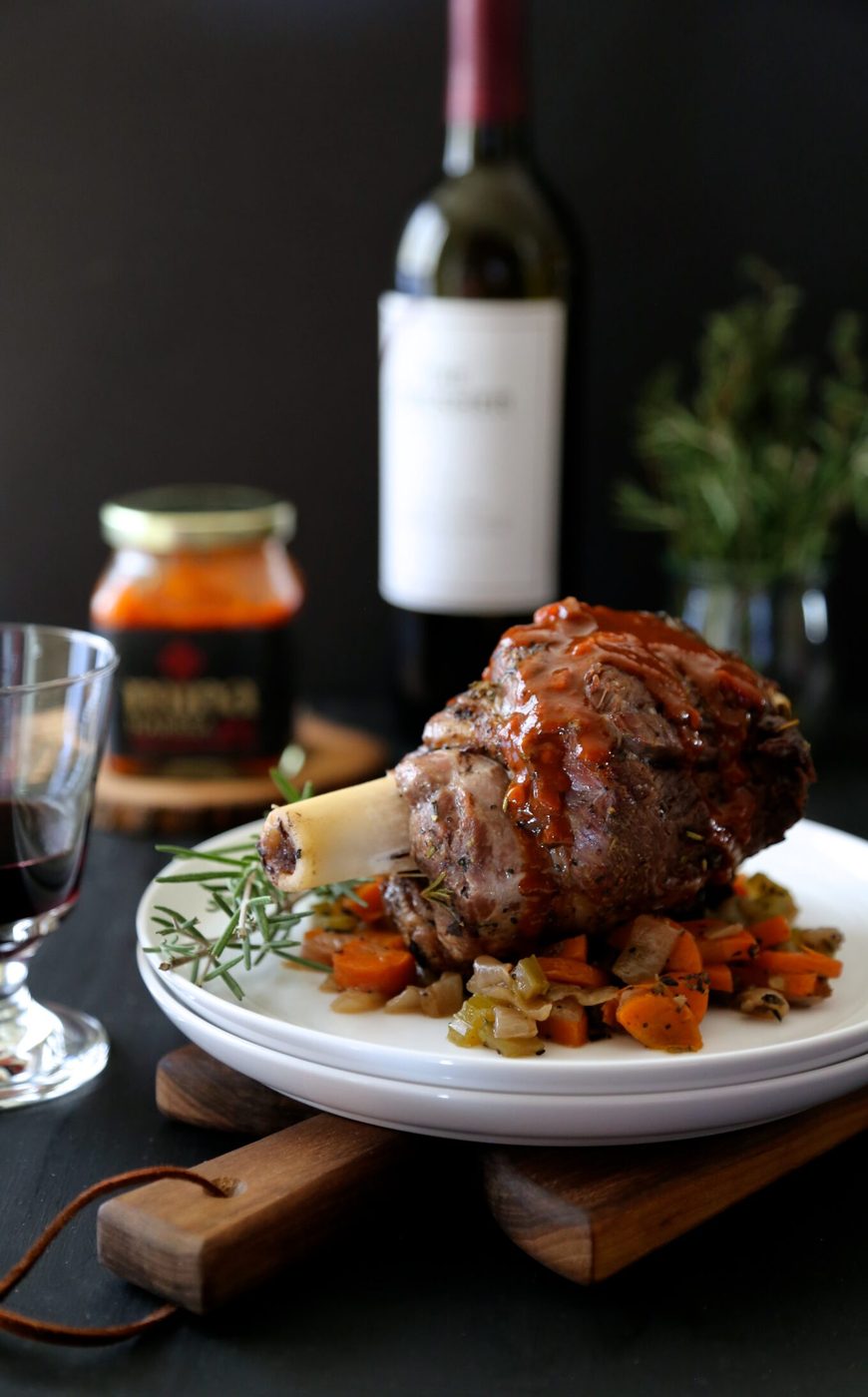 Herb Roasted Lamb shanks with Harissa Wine Sauce