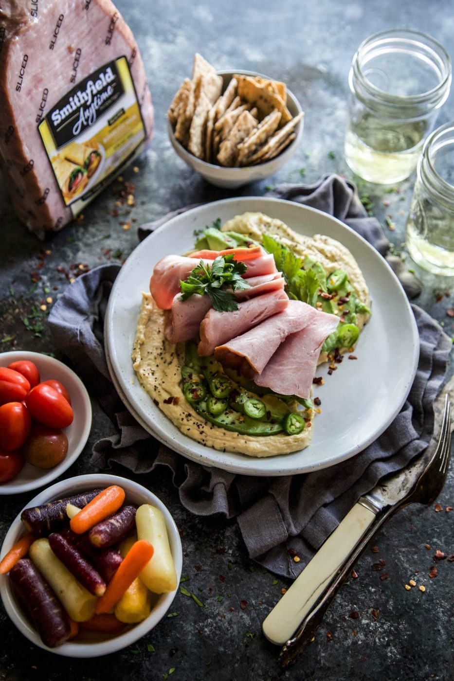 Hummus with Spiced Avocado & Ham