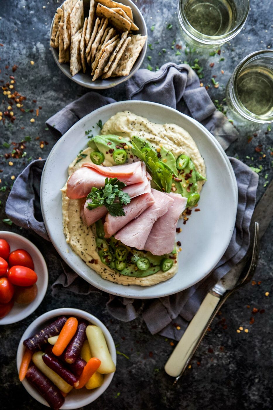 Hummus with Spiced Avocado & Ham