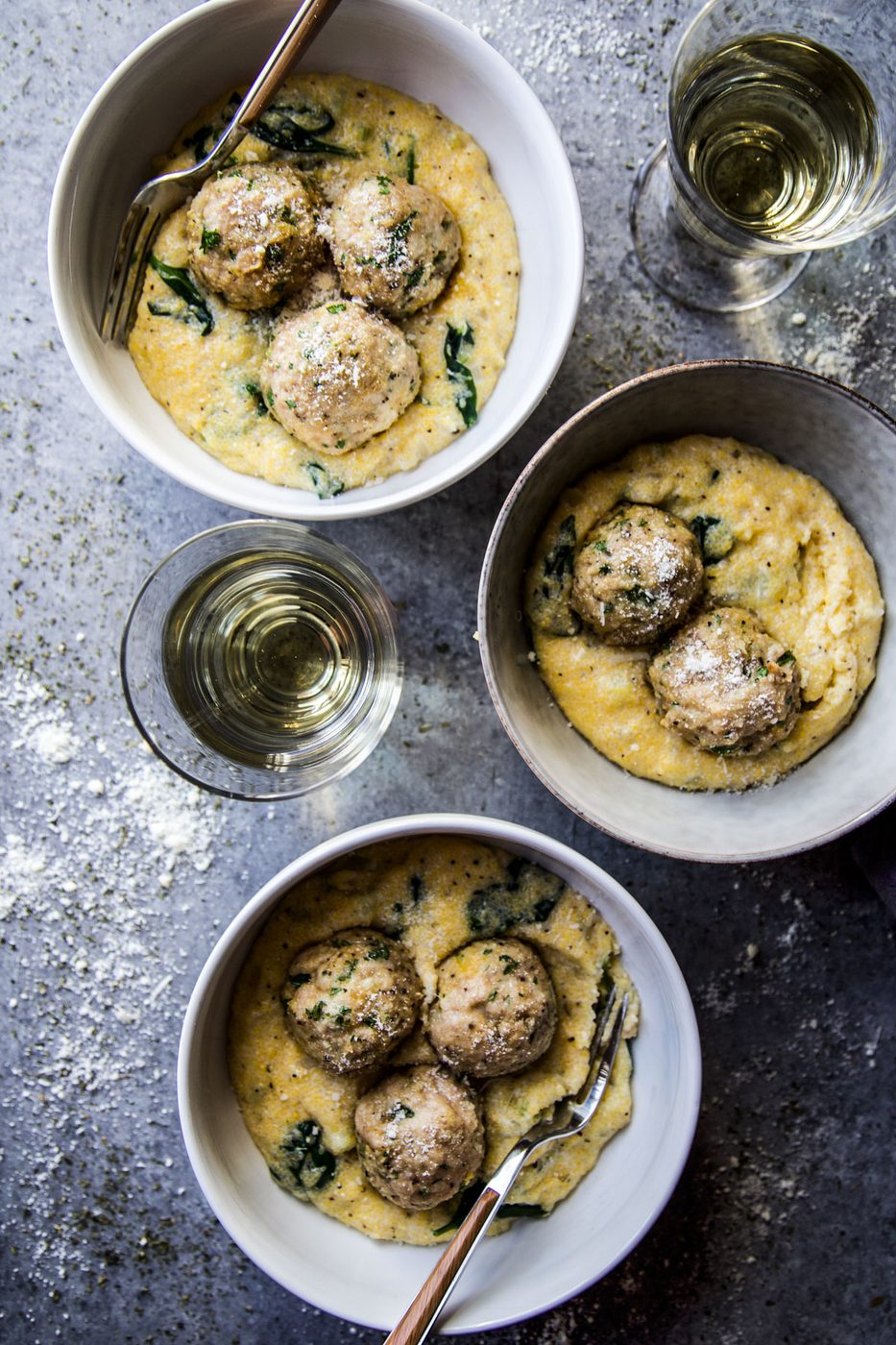 Creamy Polenta on italian Wedding Chicken Meatballs