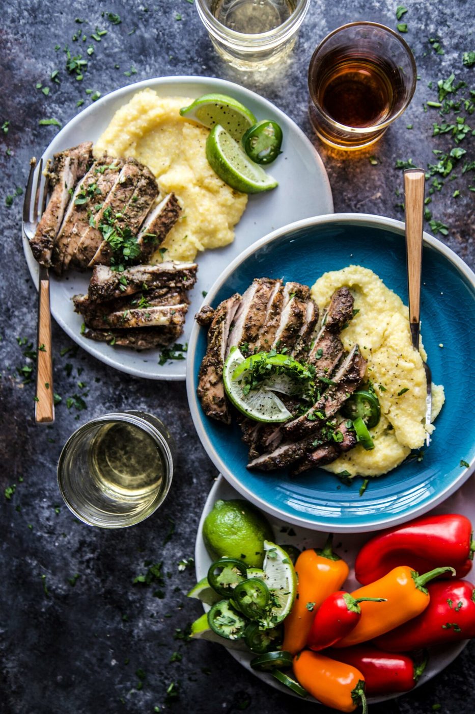 Jalapeno Polenta on jerk Chicken Thighs