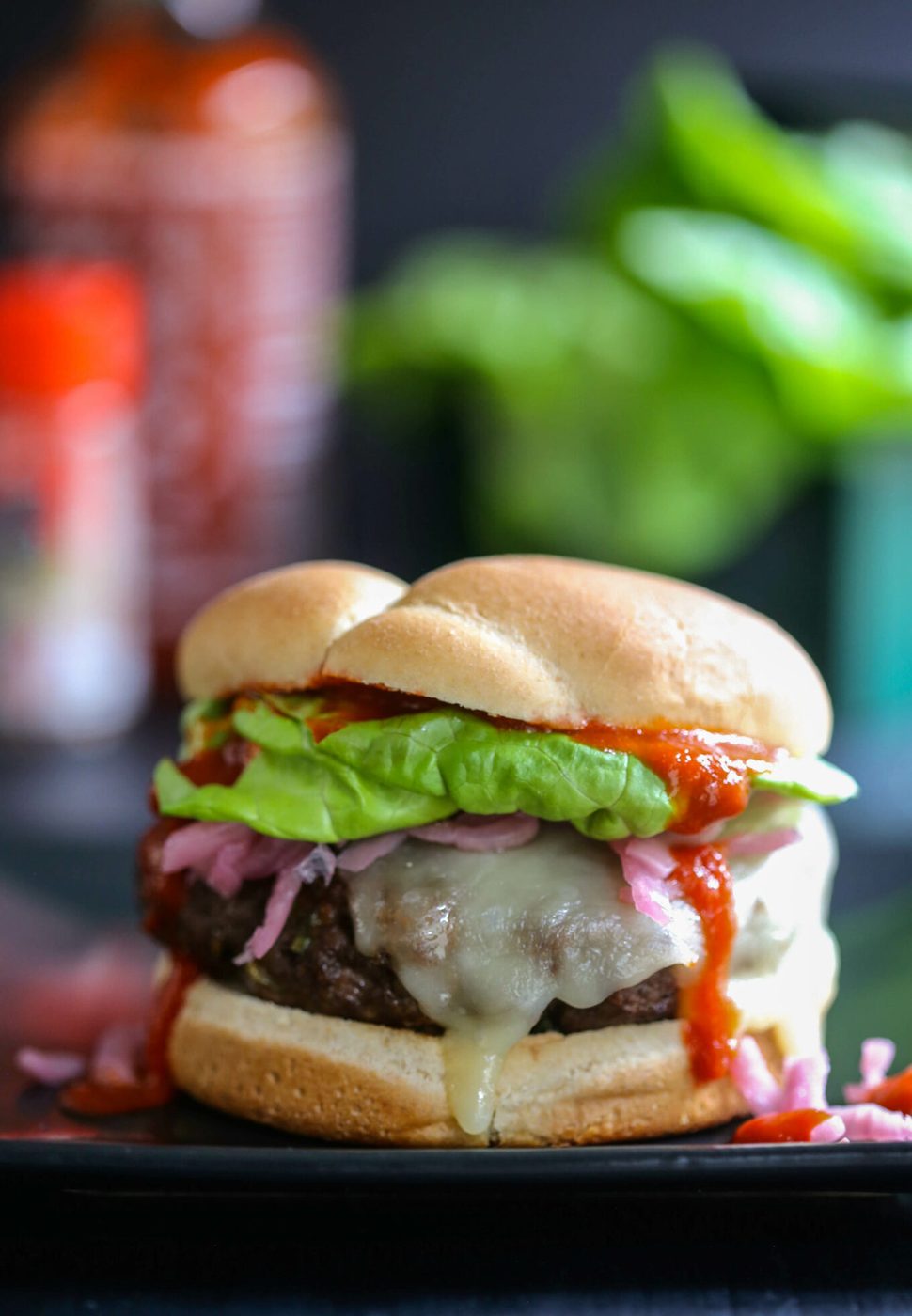 Korean barbecue burger, finished with pickled onions