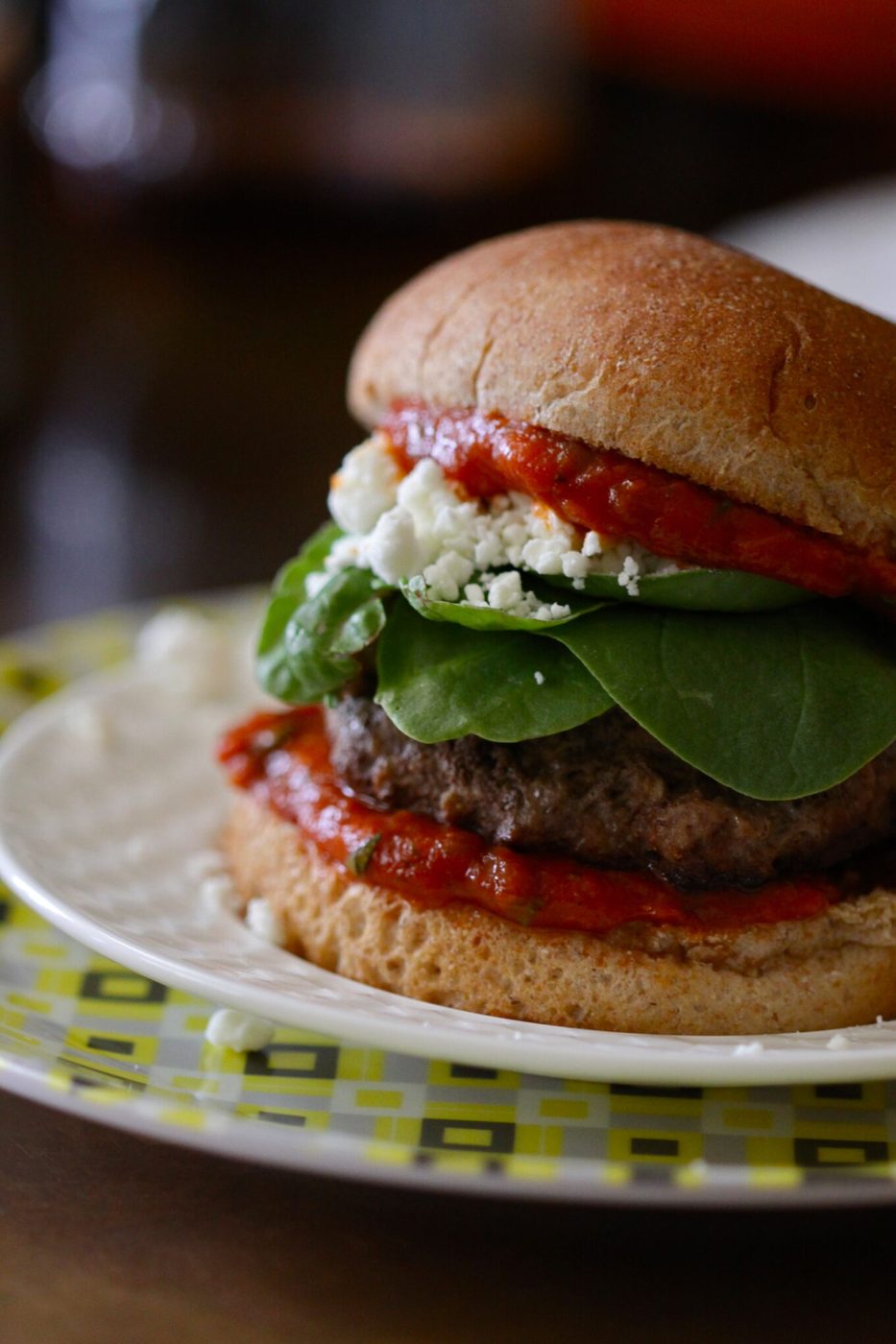 Kitchen-made mint ketchup on lamb burgers