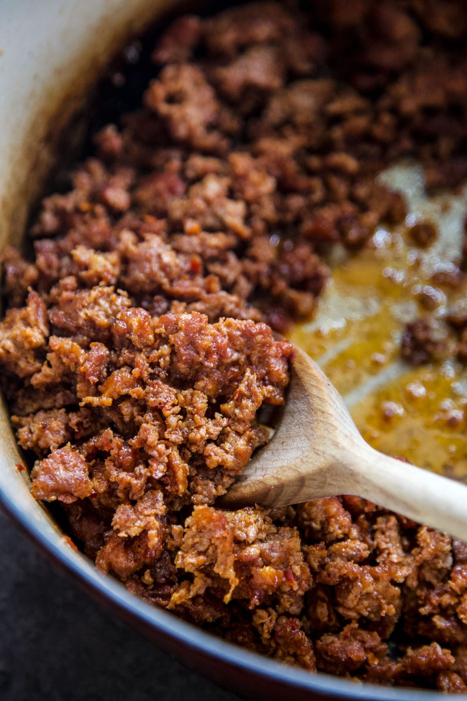 crumbled chorizo in a skillet