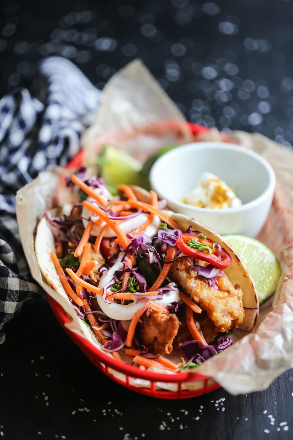 Loaded Fried Chicken Curry Tacos, finished with Ginger Aioli