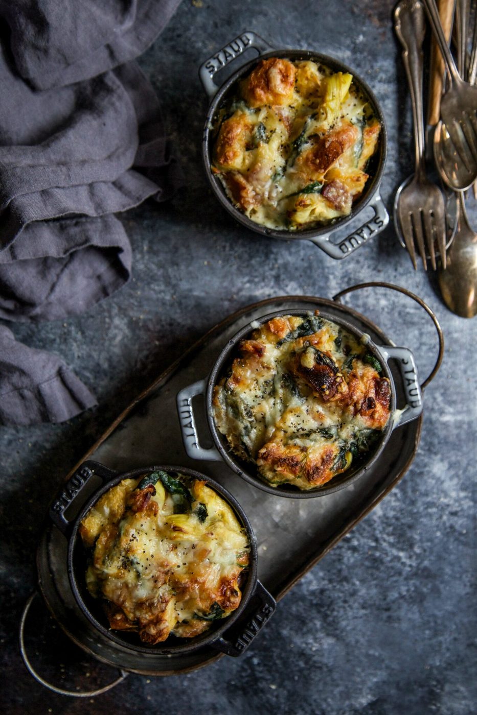 Mini Bacon Spinach & Artichoke Challah Bread Puddings