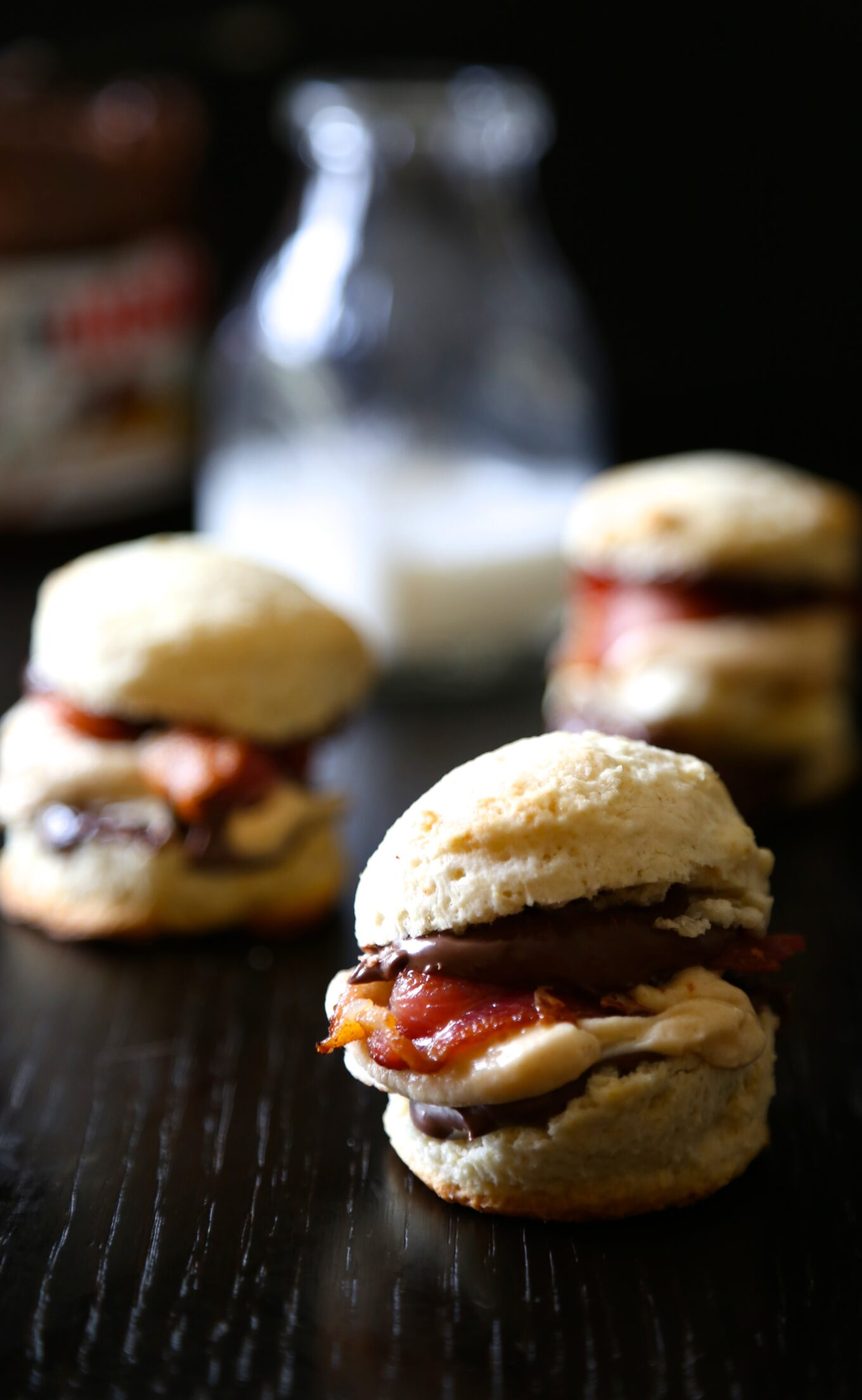 Mini nutella bacon banana shortcakes, finished with peanut butter whipped cream