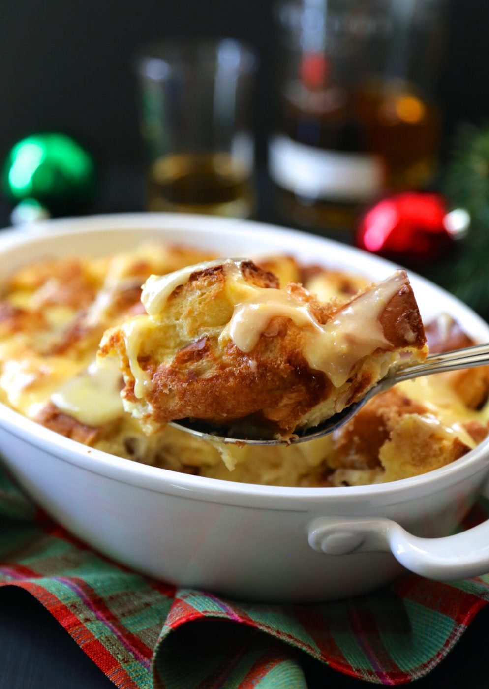 Old fashioned challah bread pudding, finished with whiskey sauce