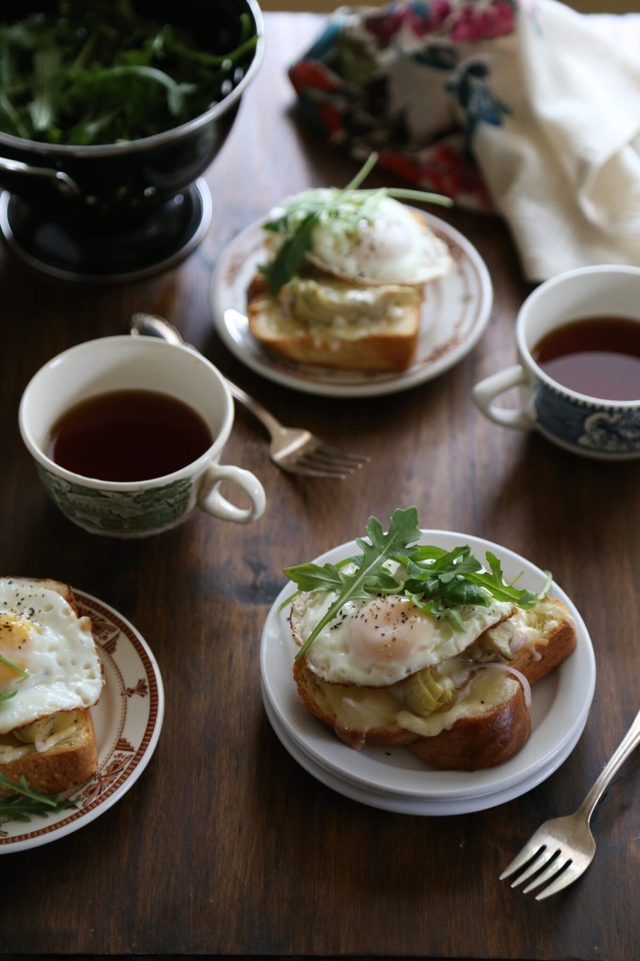 open-faced artichoke & arugula sandwiches with sunny-side up egg www.climbinggriermountain.com
