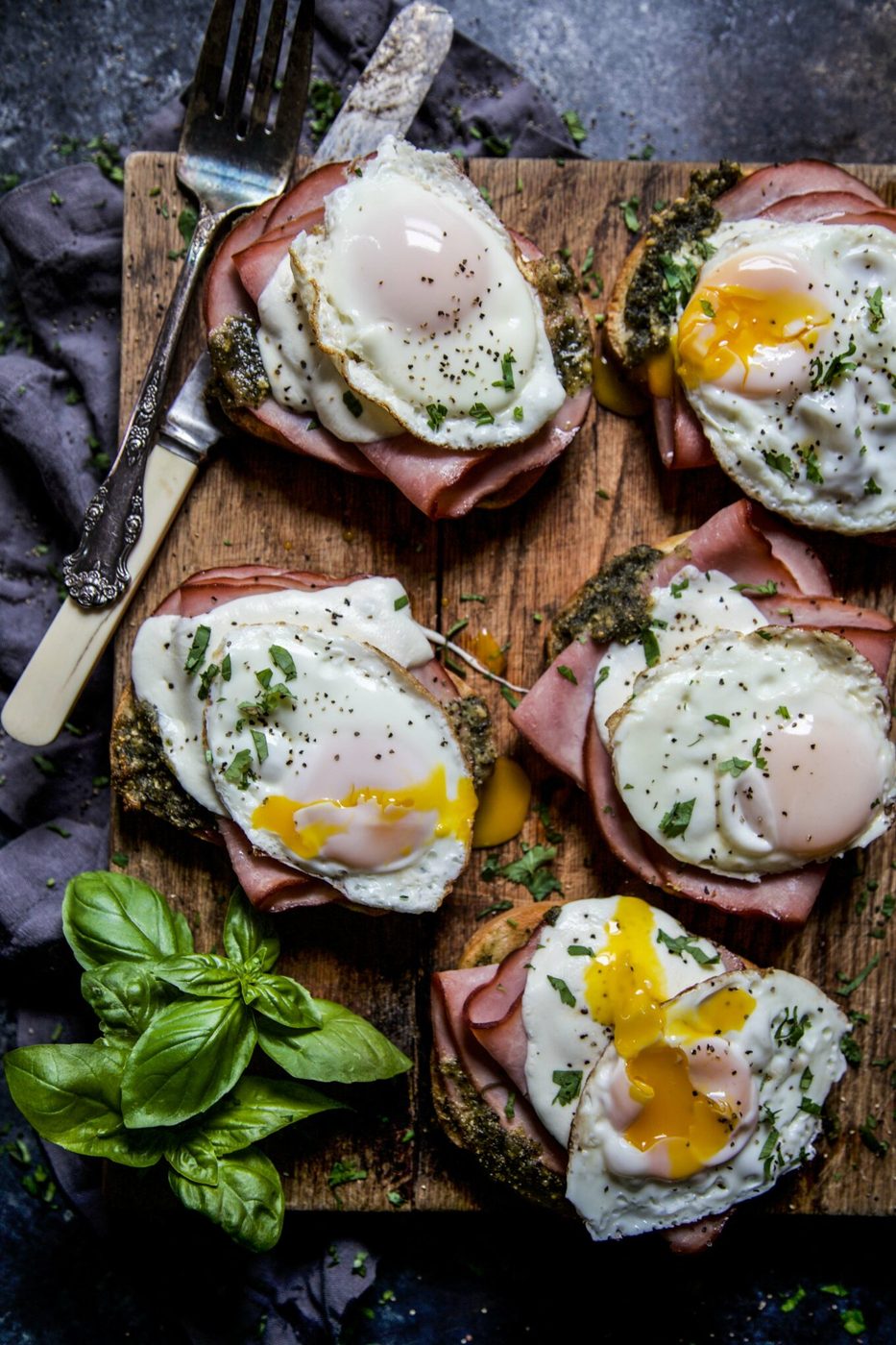 Open Faced Ham and Pesto Melt, finished with Fried Egg