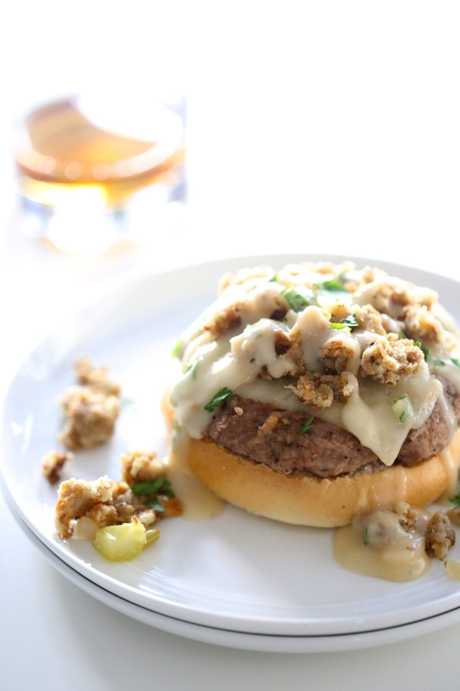 Apple bourbon gravy on open-faced turkey burger