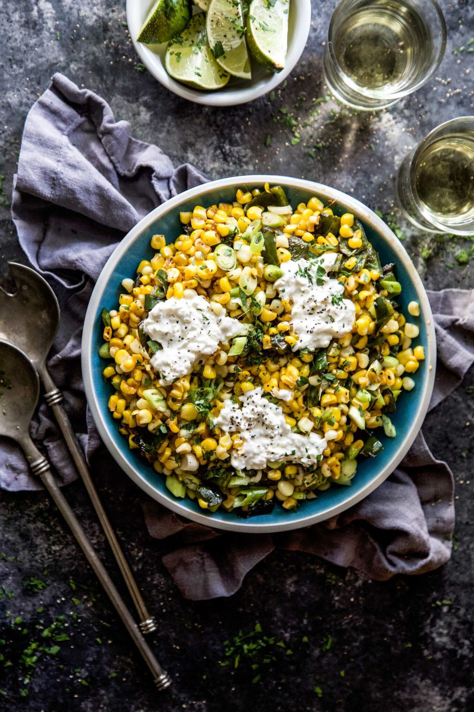 Corn Burrata and Poblano Salad, grilled