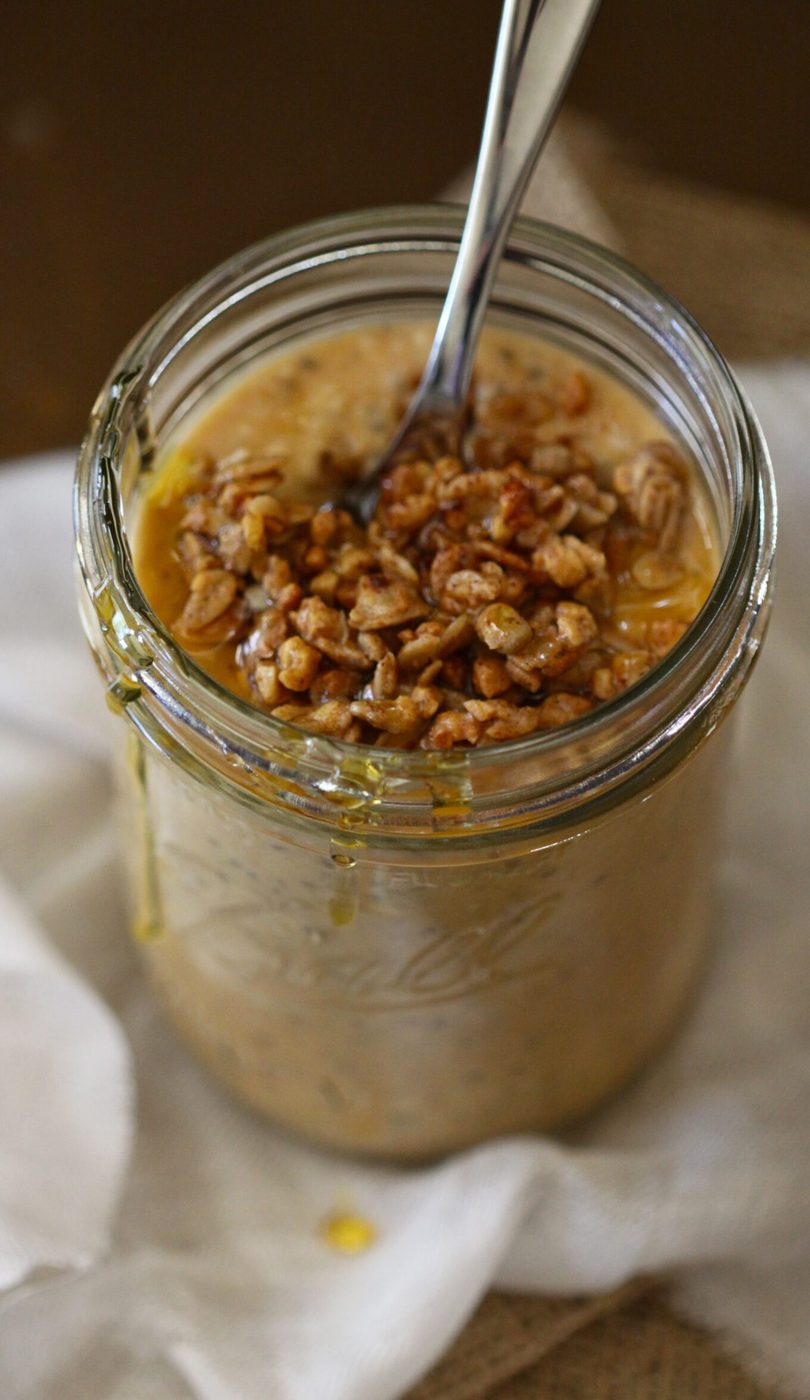 Overnight pumpkin breakfast smoothie, finished with brown butter granola + honey