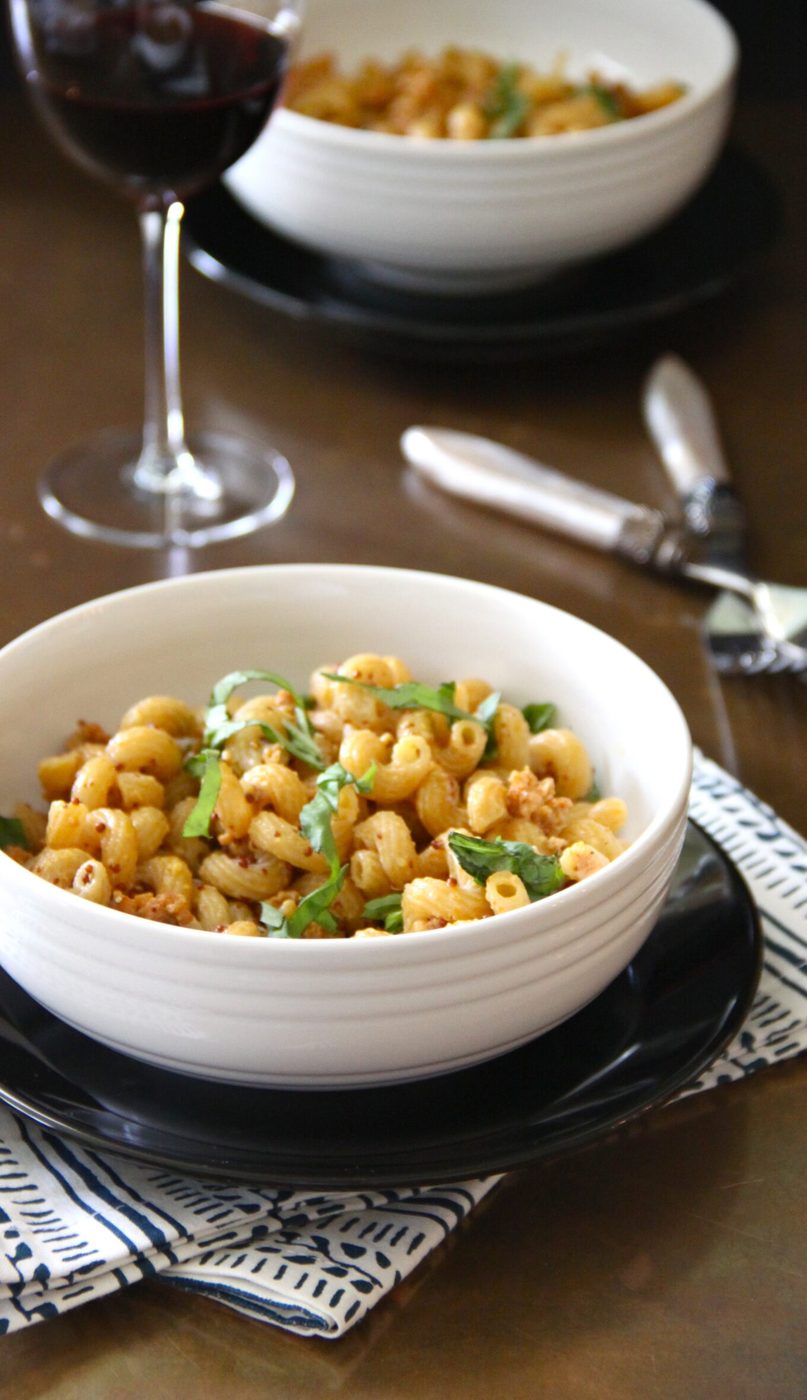 pasta with chicken chorizo whole grain mustard and basil