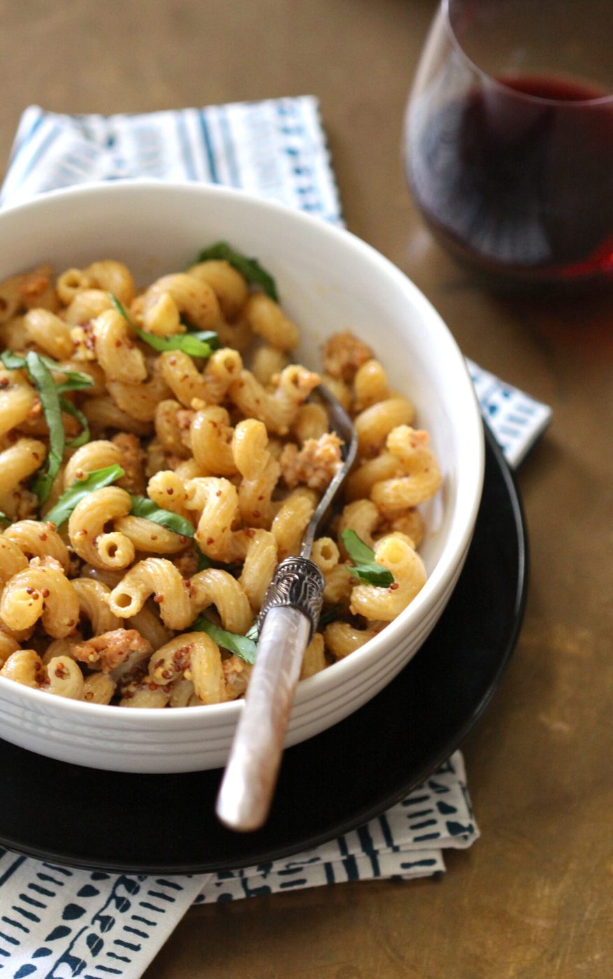 Pasta with chicken chorizo, whole grain mustard, and basil